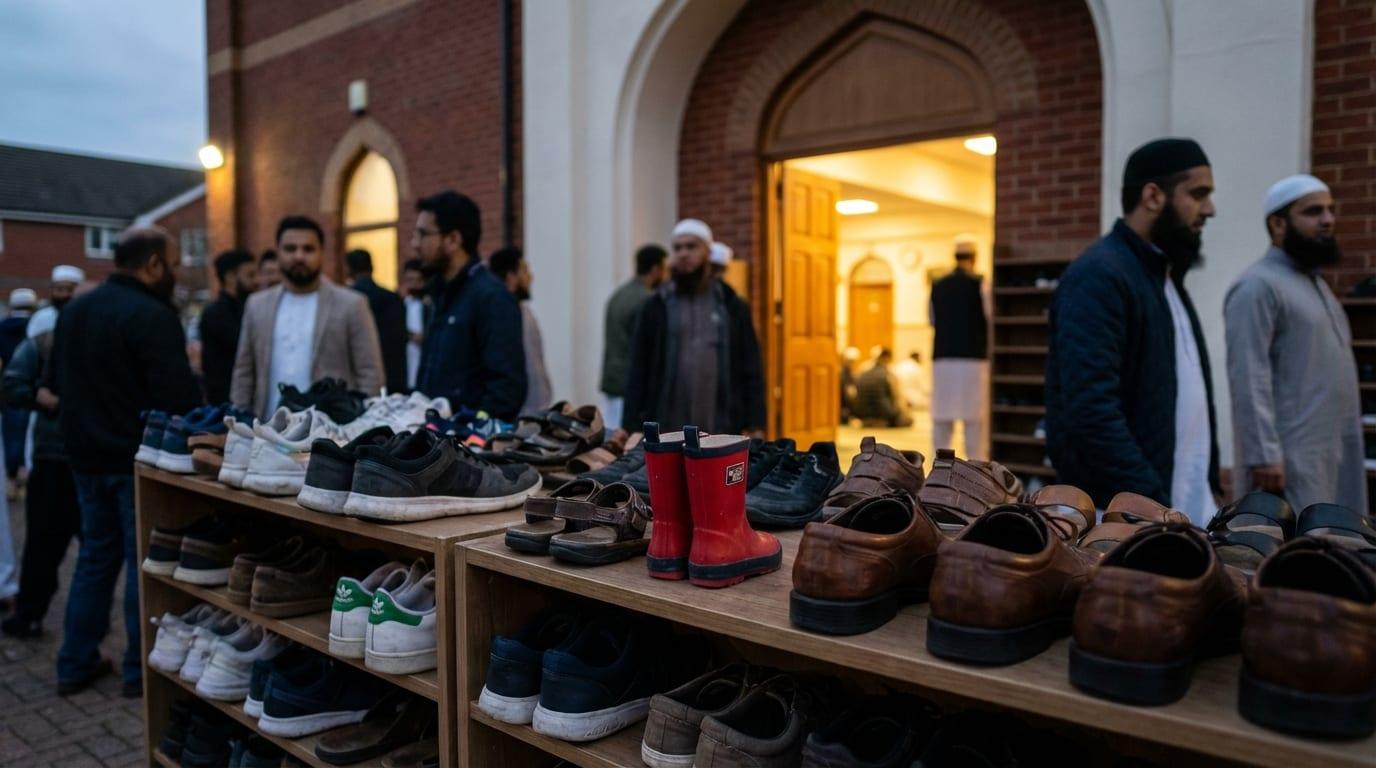 Shoes lined up outside the mosque — the everyday scene of a community gathering