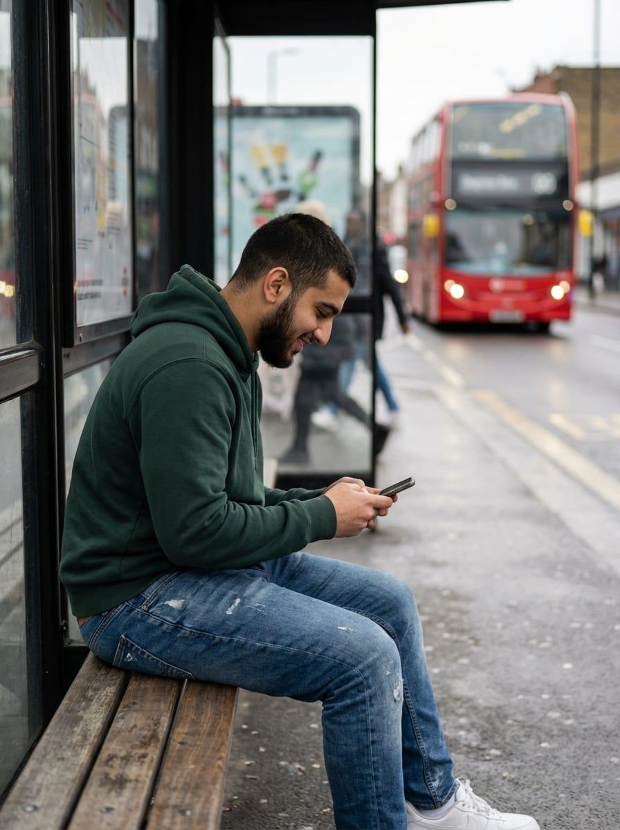 Young man smiling at his phone — the moment a gentle WhatsApp reminder lands