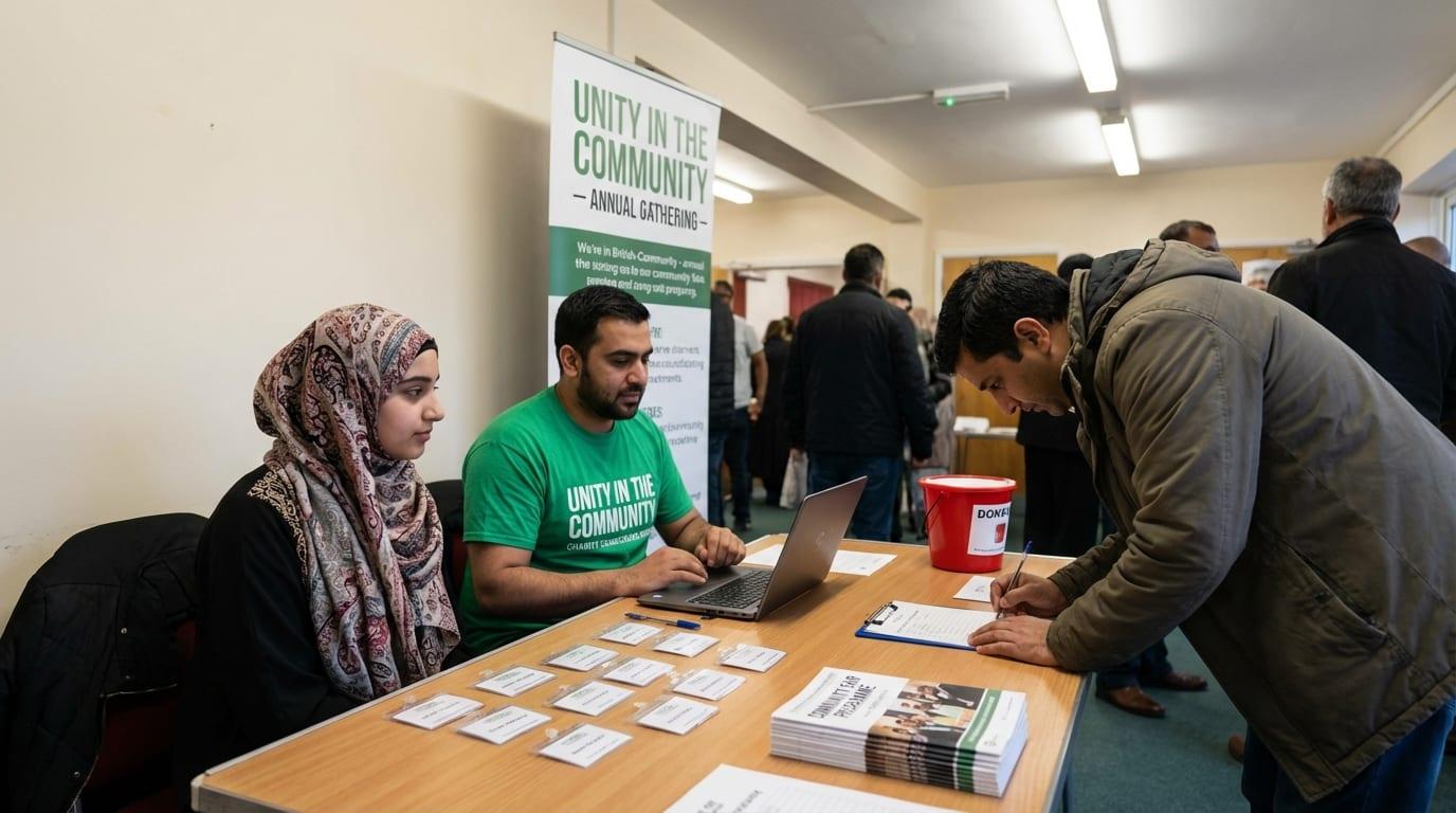 Volunteers at registration desk at a community fundraising event