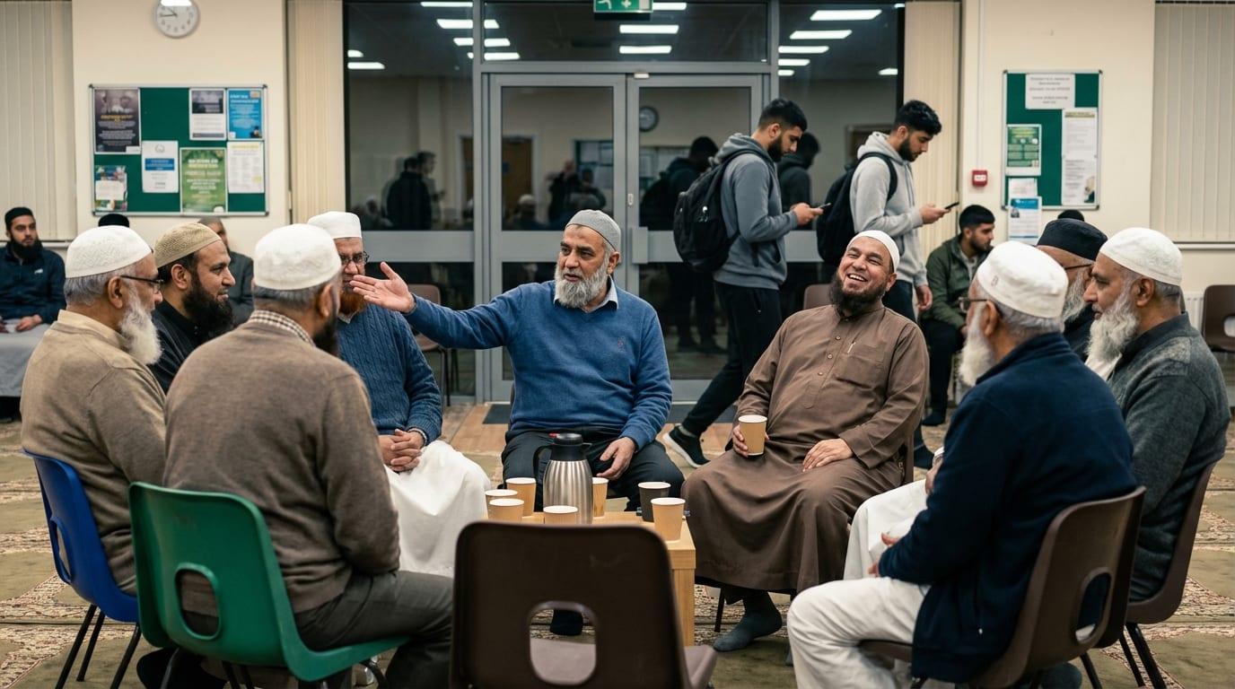 Elders gathered at the mosque — committee discussions about building fund