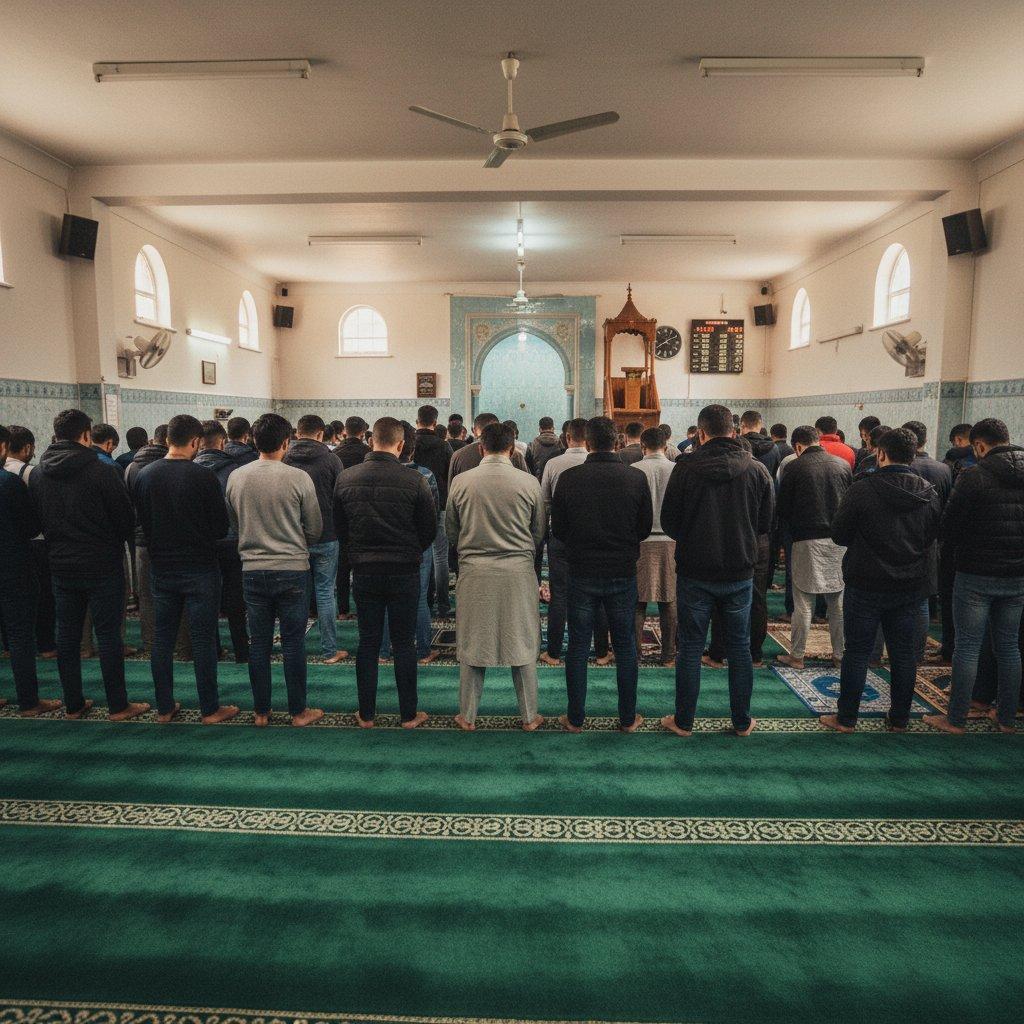 Packed Jumuah prayer in a modest British community mosque — shoulder to shoulder on green carpet