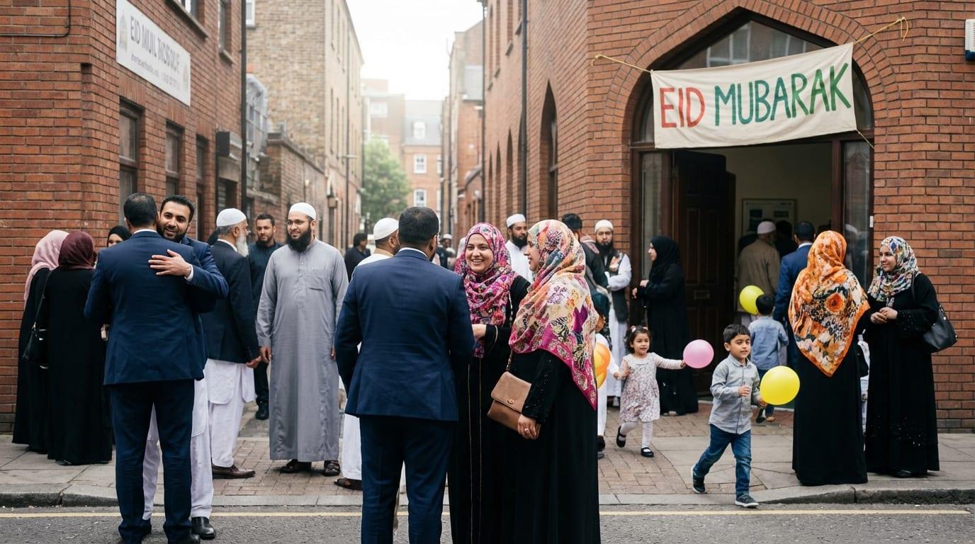 Eid morning celebrations outside the mosque — Zakat al-Fitr collection time