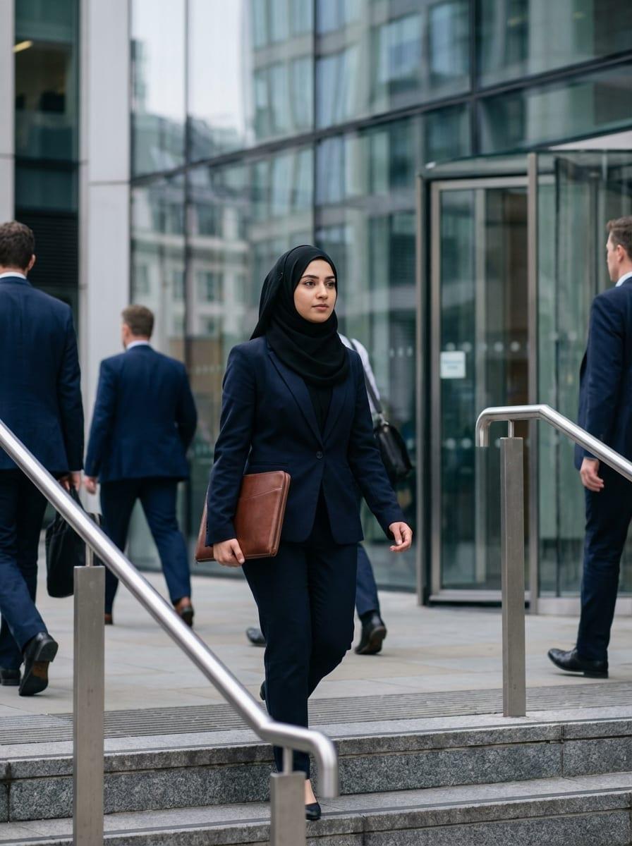 Professional charity manager walking with purpose outside an office