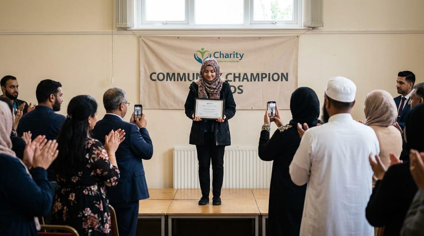 Young volunteer receiving Community Champion award, crowd applauding