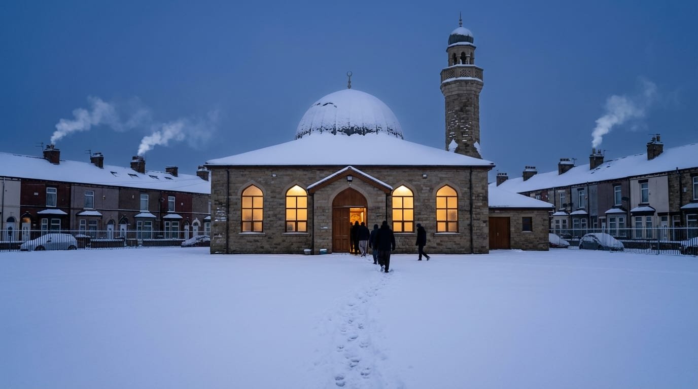 Snow falling outside the mosque — generosity in every season