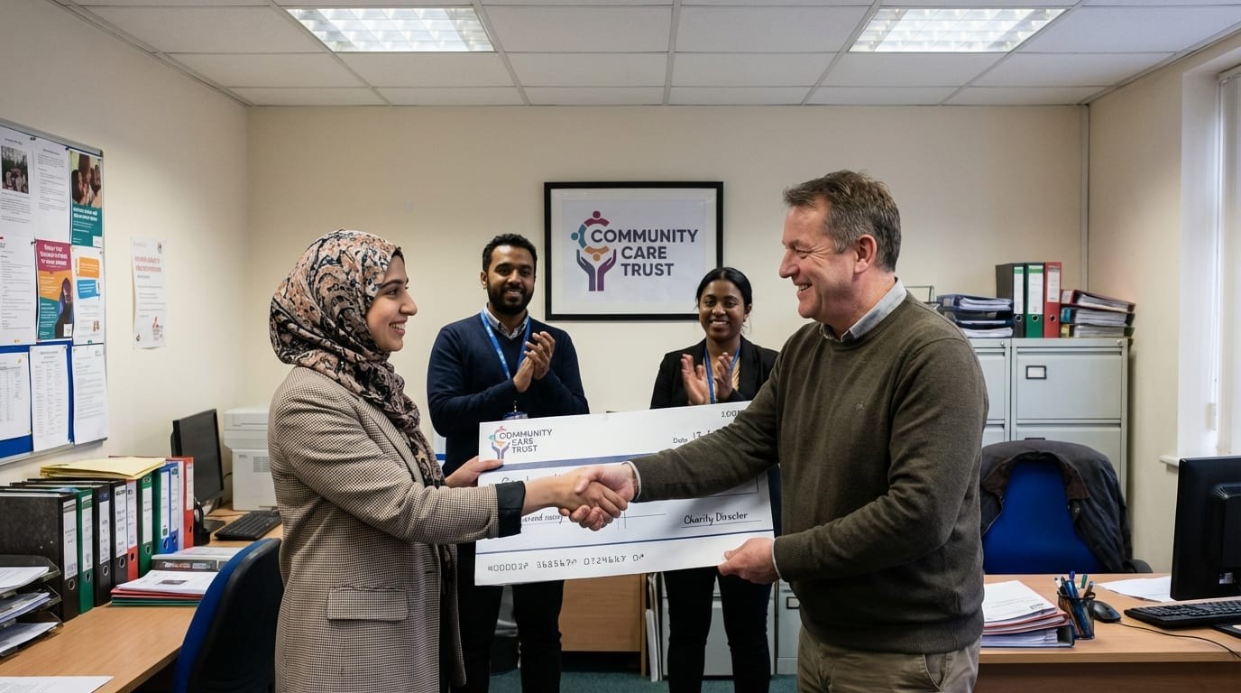 Community Care Trust cheque presentation — charity organiser and partner shaking hands, colleagues applauding