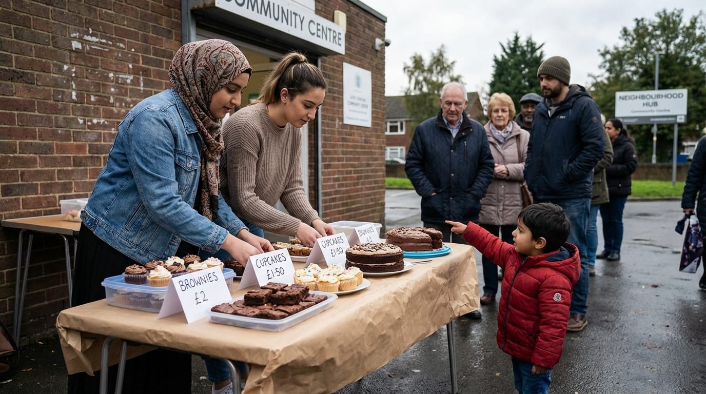Community bake sale with volunteers and families — everyday school fundraising