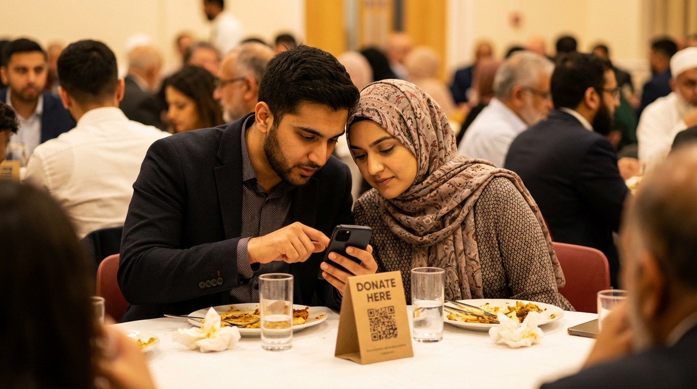 Couple at a charity dinner leaning in together over a phone, a Donate Here QR code card on the table between plates — the moment a pledge is made