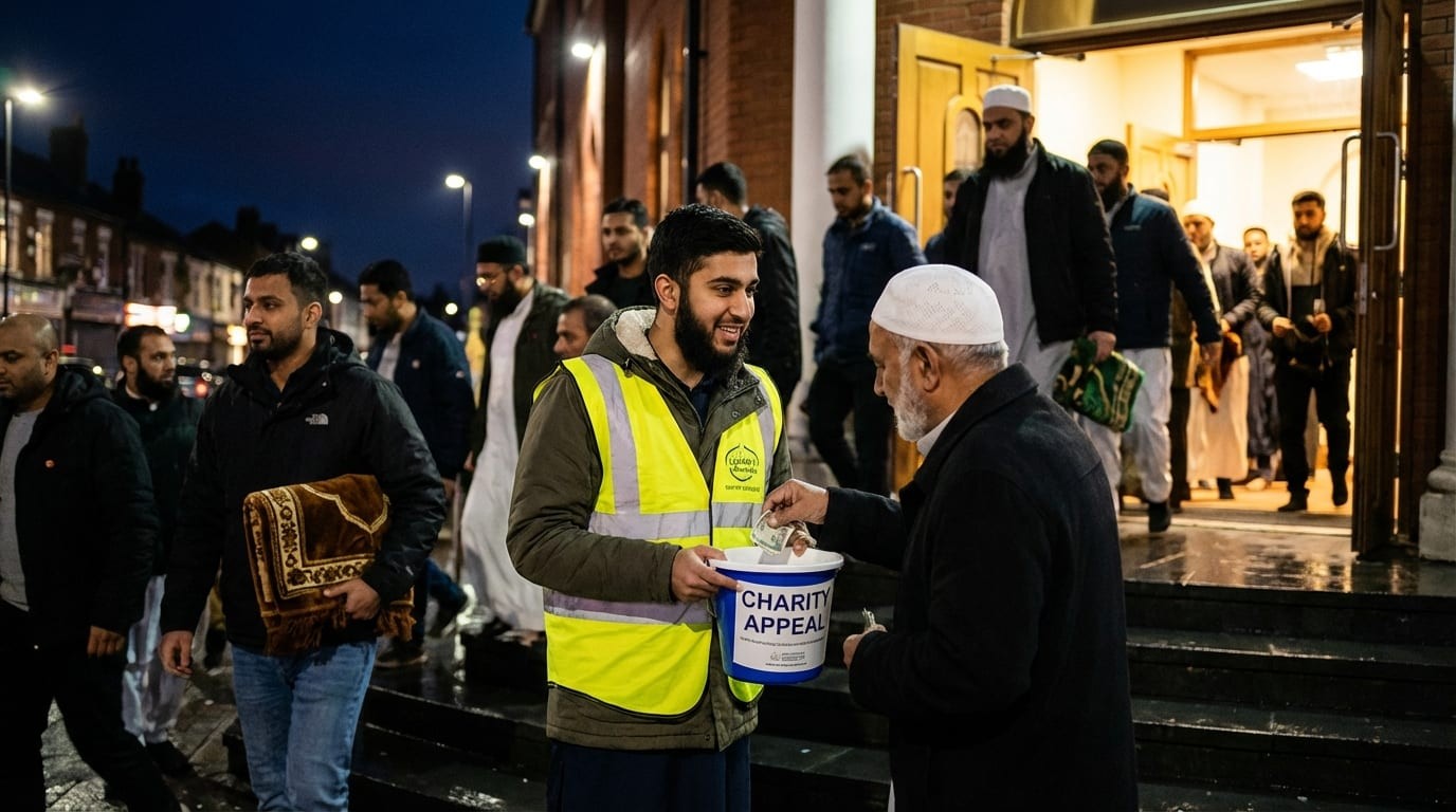 Young volunteer collecting donations outside the mosque at dusk, community streaming out after prayer