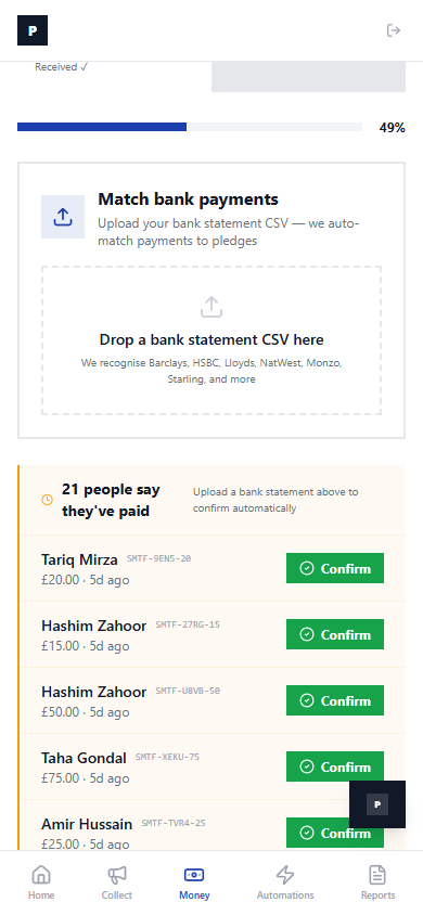 Money page — Match bank payments section with CSV upload area. Recognises Barclays, HSBC, Lloyds, NatWest, Monzo, Starling.