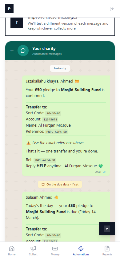 WhatsApp conversation — Jazākallāhu khayrā, Ahmed. Your £50 pledge to Masjid Building Fund is confirmed. Bank details and reference included.