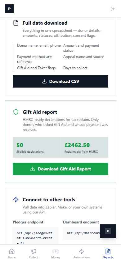 Gift Aid report — 50 eligible declarations, £2,462.50 reclaimable from HMRC, green download button