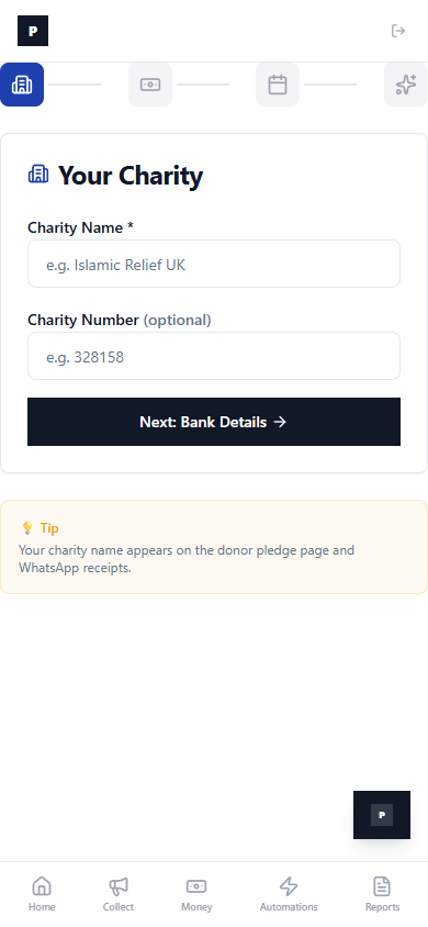 PledgeNow setup wizard on mobile — enter your charity name and charity number