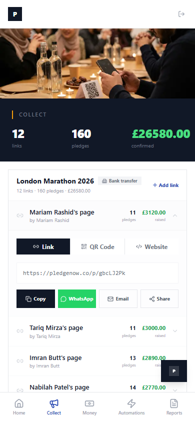 PledgeNow Collect page showing pledge link, QR code, and sharing options